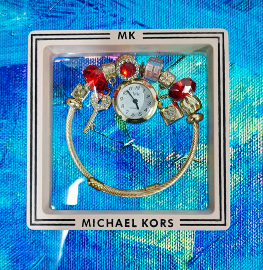 💖(MK) Ladies Bracelet Watch | Chic Golden & Red Diamond |