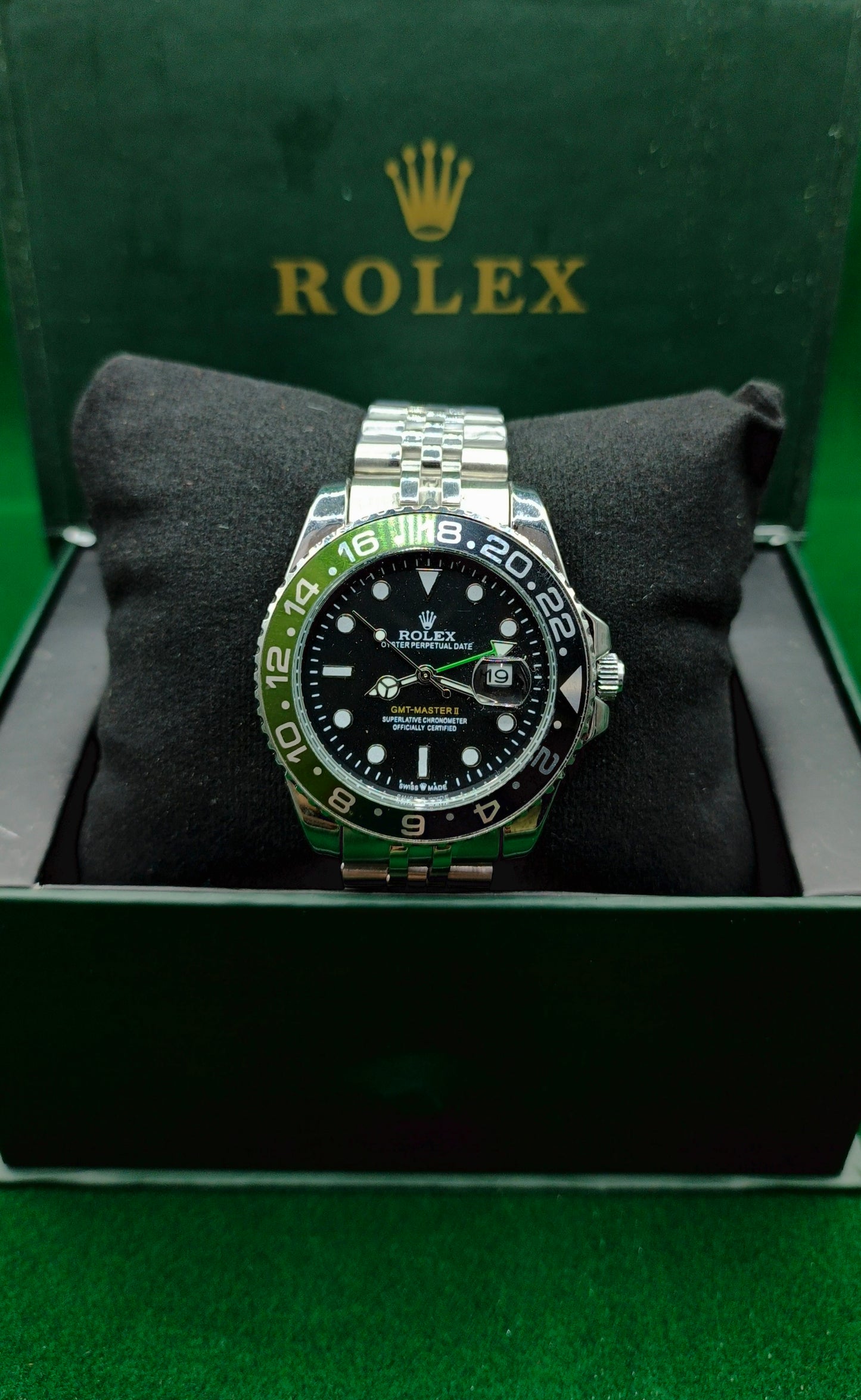 Rolex (GMT) Silver With rotating Green & Black Dial With Date