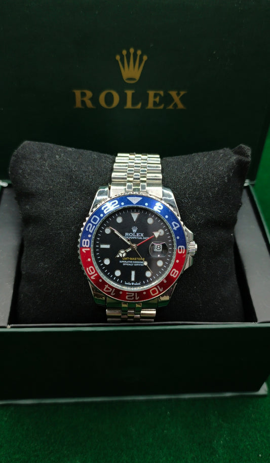 Rolex (GMT) Silver With Rotating Red,Blue & Black Dial__With Date