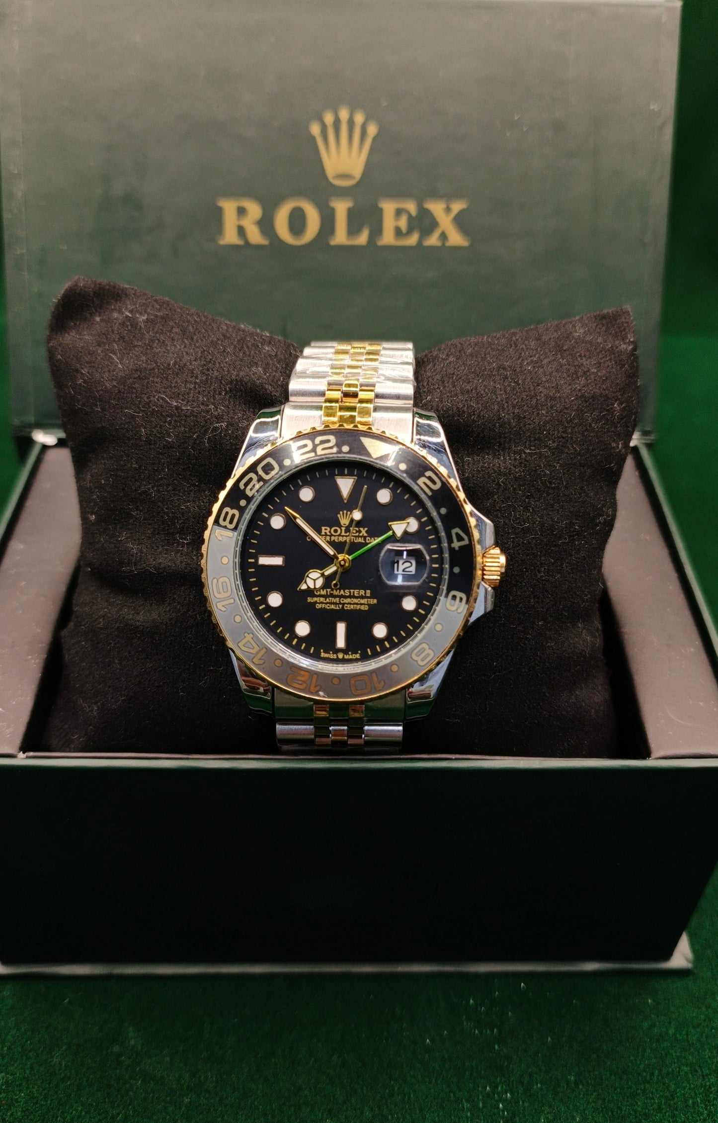 Rolex (GMT) Silver And Golden Chain __ Rotating With Gold & Black Dial With Date