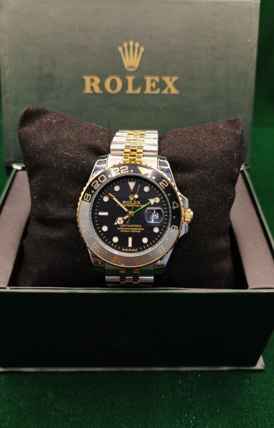 Rolex (GMT) Silver And Golden Chain __ Rotating With Gold & Black Dial With Date
