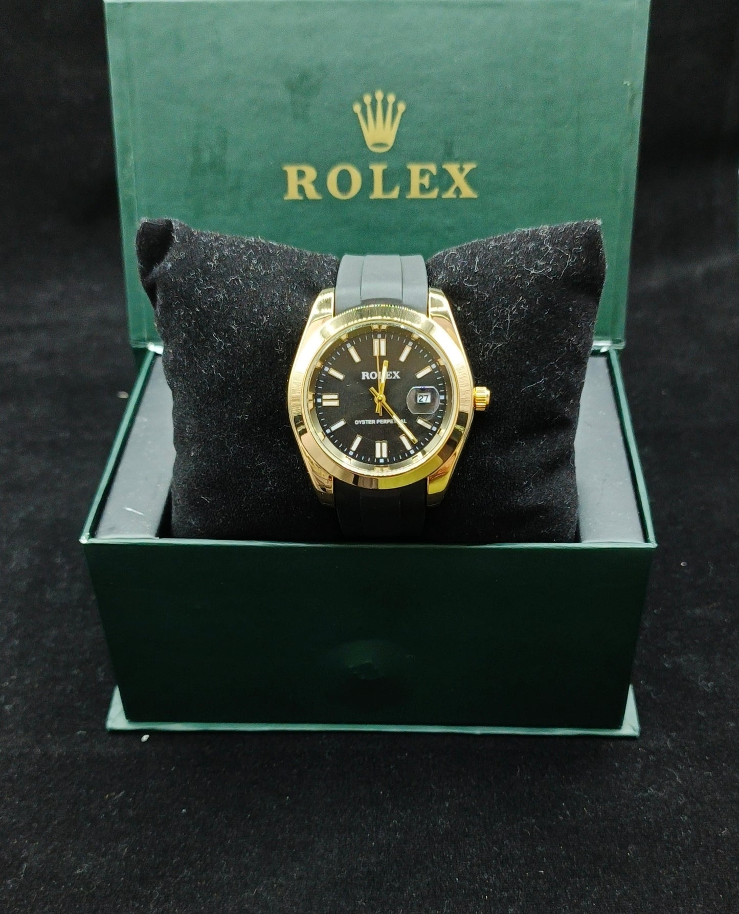 (Rolex Date)  Black Strap β Golden with Black Dial With Date