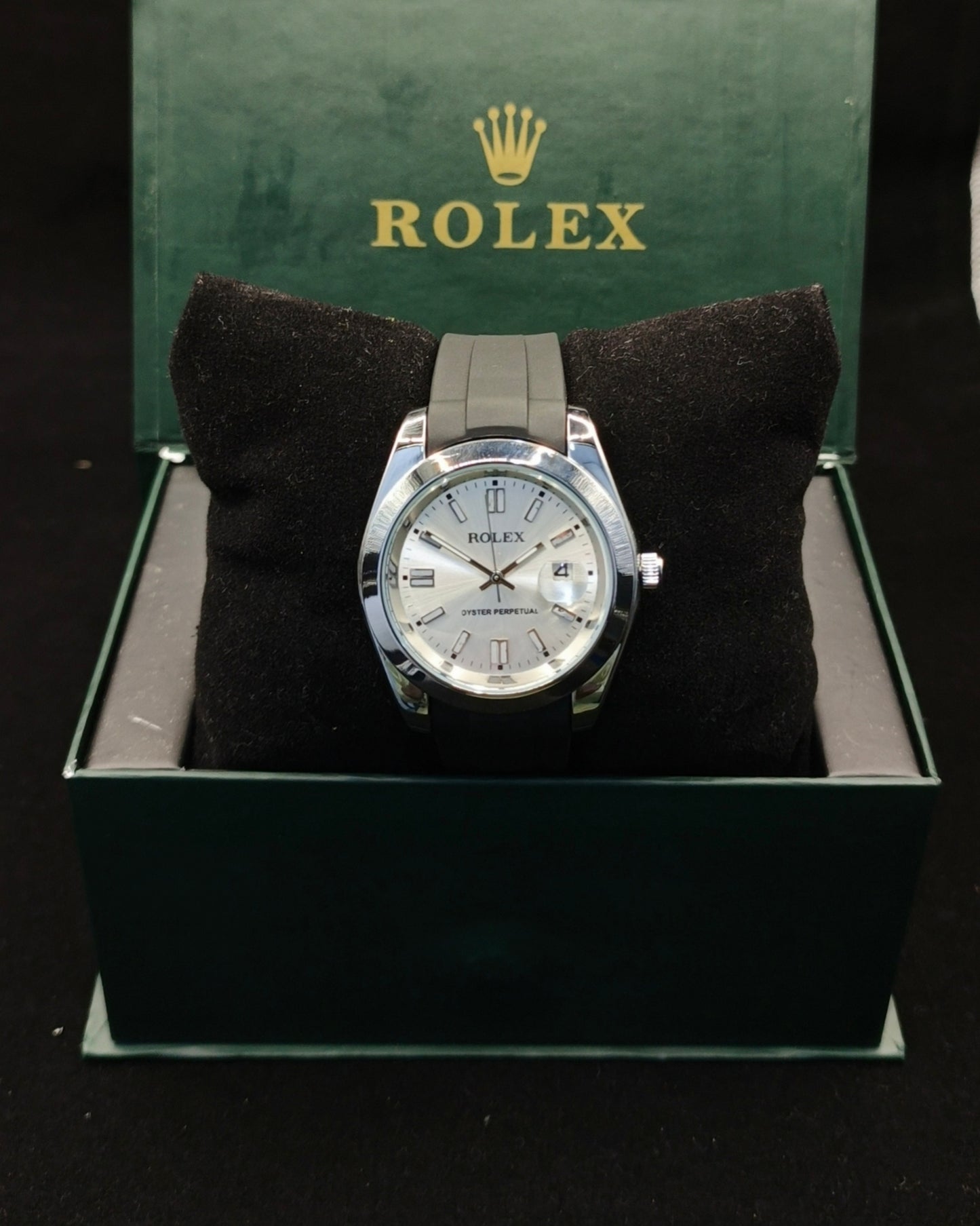 (Rolex Date) Black Strap – Silver __With Silver Dial