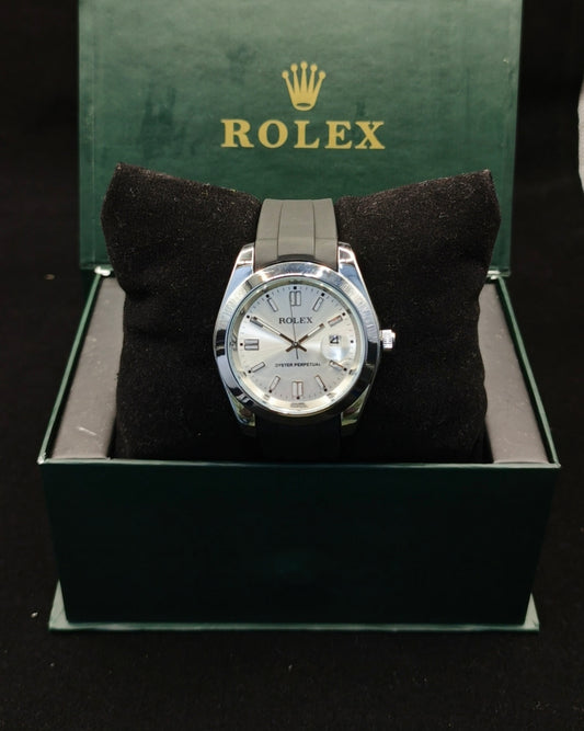 (Rolex Date) Black Strap – Silver __With Silver Dial