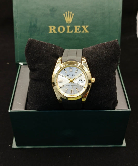 (Rolex Date)  Black Strap – Golden & White Dial With Date