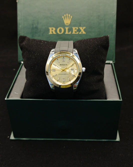 (Rolex Date)  Black Strap – Silver with Golden Dial With Date