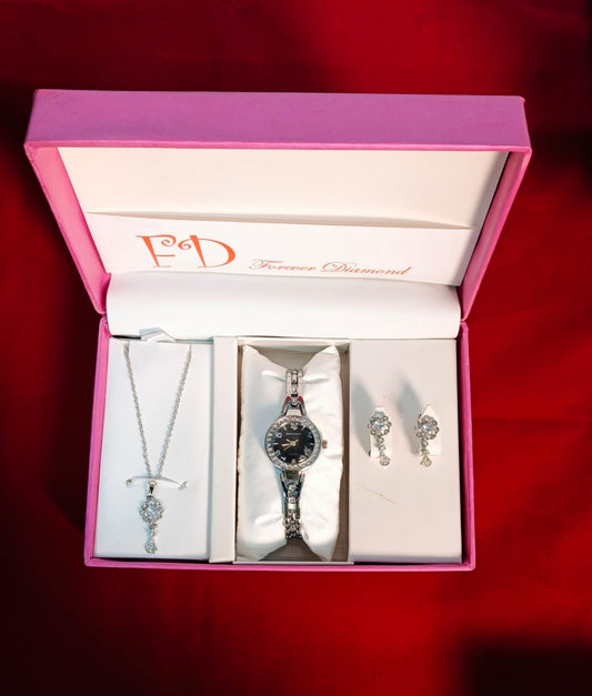 💖( FD) Forever Diamond Ladies Jewellery Watch  (White Diamond With Black Dial)