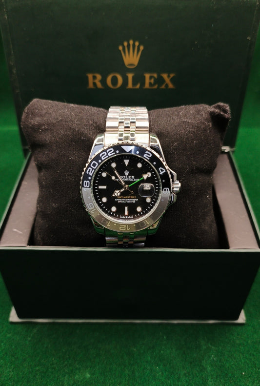 Rolex (GMT) Silver With Rotating Black Dial With Date
