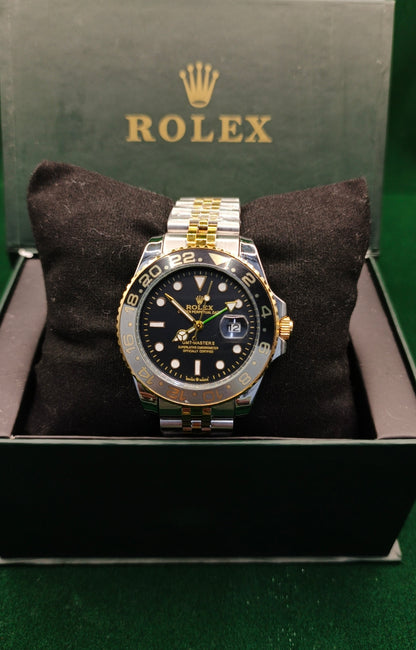 Rolex (GMT) Silver And Golden Chain __ Rotating With Gold & Black Dial With Date