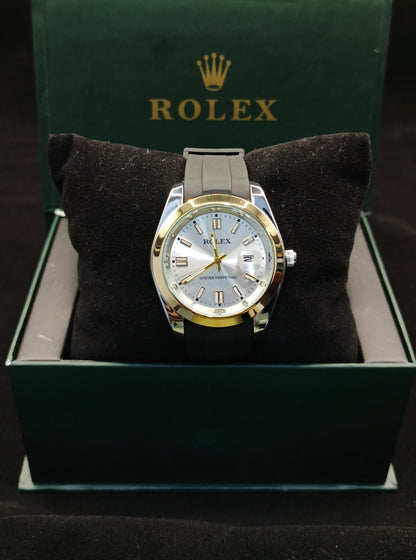 (Rolex Date) Black Strap – Silver & Golden___With White Dial