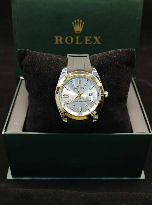 (Rolex Date) Black Strap – Silver & Golden___With White Dial