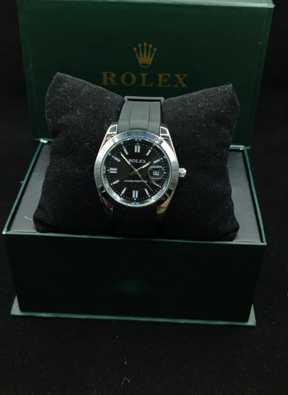 (Rolex Date) Black Strap – Silver With Black Dial