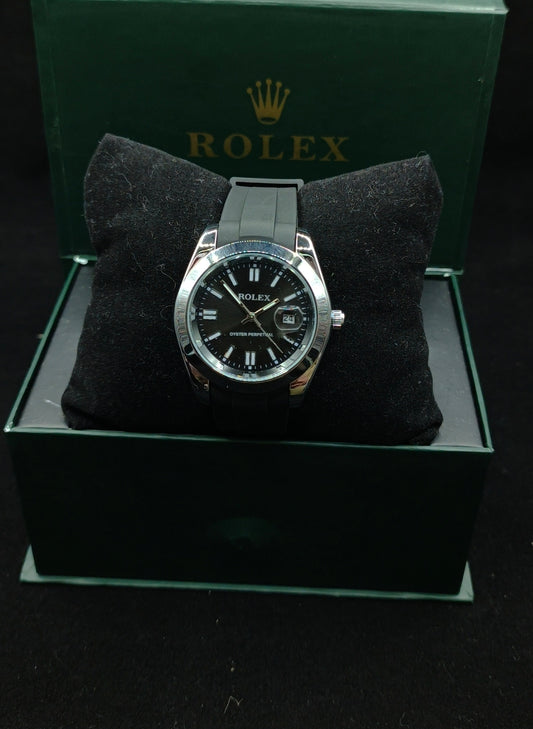 (Rolex Date) Black Strap – Silver With Black Dial