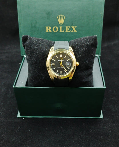 (Rolex Date)  Black Strap – Golden with Black Dial With Date