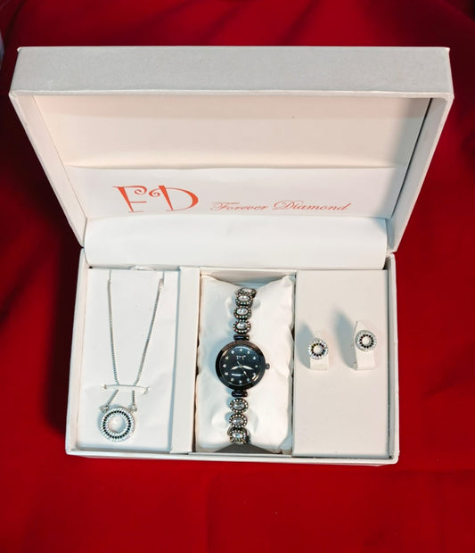 π( FD) Forever Diamond Ladies Jewellery Watch___ (White and Balck Diamond With Black Dial)