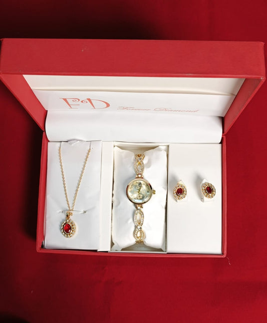 💖( FD) Forever Diamond Ladies Jewellery Watch___ (Red Diamond With Golden Dial)